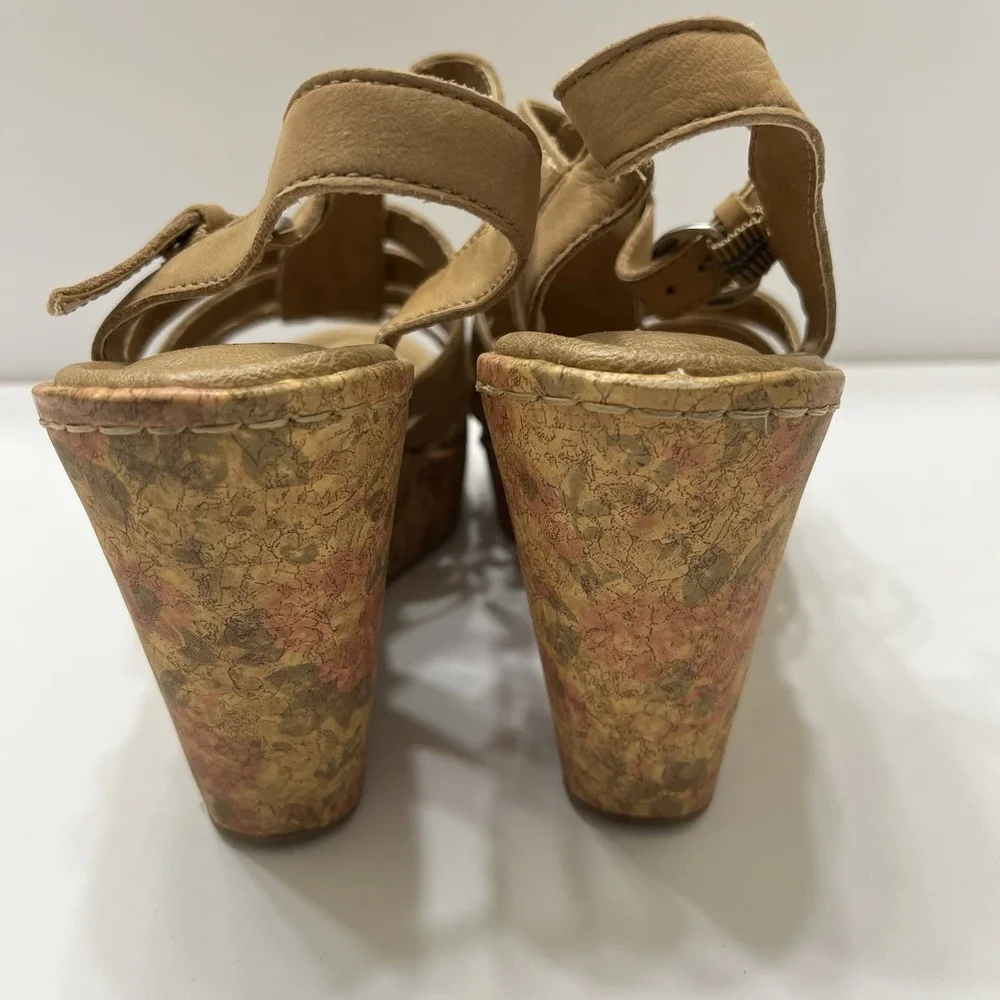 b.ø.c By Born Wedge Floral Cork Sole Sandals Brown Leather Cross Straps 6.5